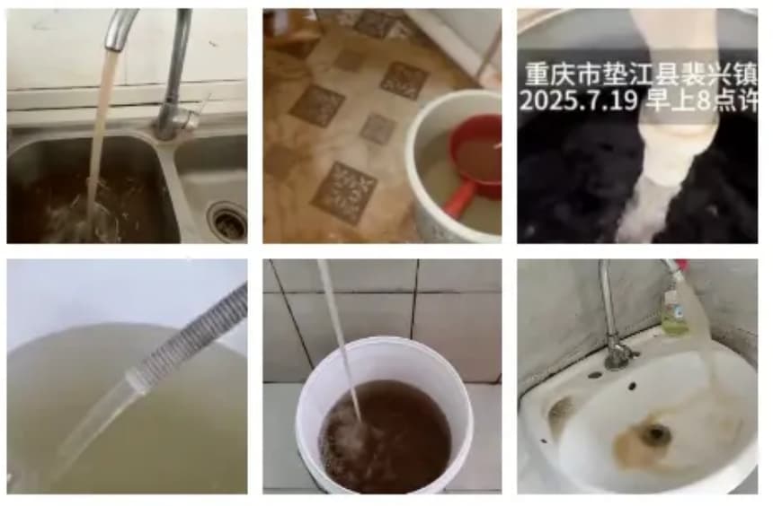 Los internautas chinos compartieron imágenes y vídeos del agua del grifo supuestamente contaminada en varias provincias, en julio de 2025. (Captura de pantalla del vídeo de The Epoch Times)