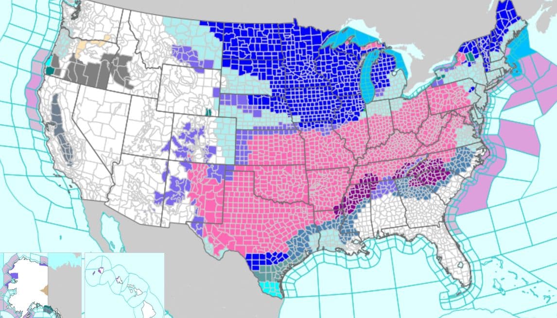 Un mapa publicado por el Servicio Meteorológico Nacional el 23 de enero de 2026 muestra avisos y alertas meteorológicos invernales que se extienden desde las llanuras del sur hasta el noreste y el sur debido a una tormenta invernal inminente. (NWS).