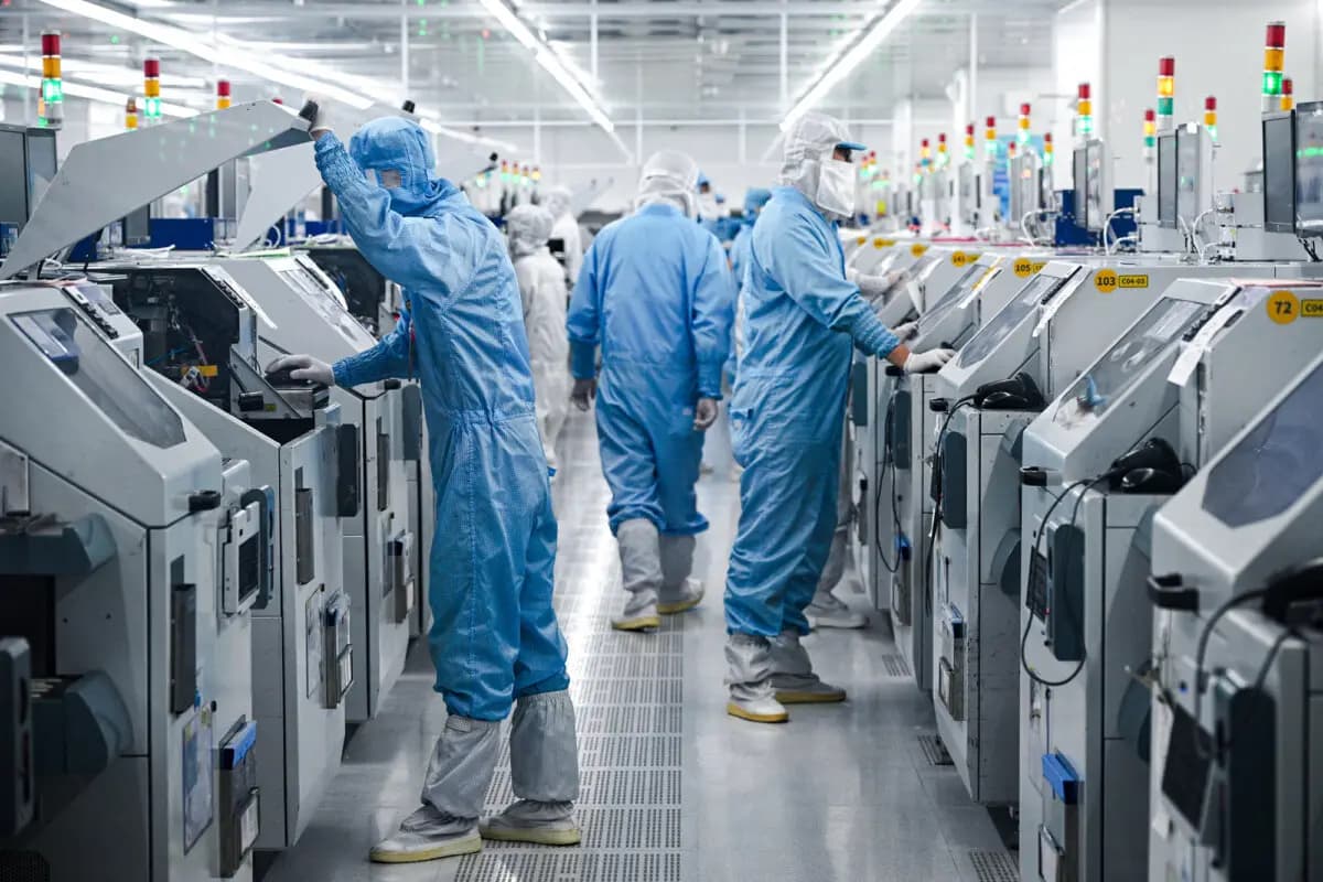 Los técnicos trabajan en equipos de procesamiento de chips en una planta en Suqian, provincia de Jiangsu, China, en octubre. 20, 2025. Trump ha descartado vender los chips más avanzados de Nvidia a China, mientras que Beijing ha prohibido los semiconductores extranjeros de los centros de datos financiados por el estado. STR/AFP a través de Getty Images