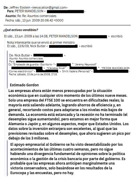 Un documento publicado por el Departamento de Justicia de Estados Unidos parece ser un intercambio de correos electrónicos entre Jeffrey Epstein y Peter Mandelson. La imagen aparece en los últimos documentos publicados por el Departamento de Justicia como parte de lo que se conoce como los “Archivos Epstein” el 3 de febrero de 2026. (DOJ/Captura de pantalla vía The Epoch Times).