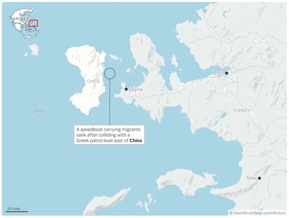 Un mapa que muestra la ubicación aproximada donde se hundió una embarcación de migrantes tras colisionar con una lancha patrullera. (AP Digital)