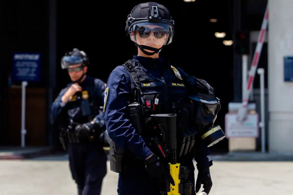 Agentes del Departamento de Seguridad Nacional (DHS) montan guardia frente al edificio federal y centro de detención Edward R. Roybal mientras los manifestantes protestan en Los Ángeles, el 2 de agosto de 2025. (Apu Gomes/Getty Images)