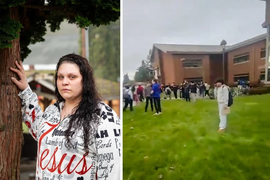 (Izquierda) Erika Franklin, de 39 años, en Auburn, Washington, el 6 de febrero de 2026. Franklin, madre de un alumno de la Olympic Middle School, fue testigo de la huelga estudiantil del 30 de enero de 2025 que protestaba contra el Servicio de Inmigración y Control de Aduanas. (Derecha) Un vídeo que Franklin grabó en la escuela de su hija durante una protesta contra el ICE en Auburn, Washington, el 30 de enero de 2026. (Kenji Matsuda para The Epoch Times, cortesía de Erika Franklin)