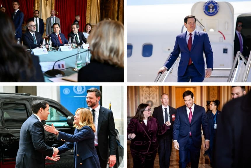 (Arriba a la izquierda) El secretario de Estado Marco Rubio (C), el director político del Ministerio de Asuntos Exteriores de Alemania, Gunter Sautter (2.º por la derecha), y funcionarios de otros países participan en una reunión en París, el 17 de abril de 2025. (Arriba a la derecha) El secretario de Estado Marco Rubio desembarca de un avión en el Aeropuerto Internacional Norman Manley de Port Royal, Jamaica, el 26 de marzo de 2025. (Abajo a la izquierda) La primera ministra italiana Giorgia Meloni (C) da la bienvenida al vicepresidente JD Vance (D) y al secretario de Estado Marco Rubio en el Palazzo Chigi de Roma, el 18 de mayo de 2025. (Abajo a la derecha) El secretario de Estado Marco Rubio habla con un miembro del personal del Senado mientras se dirige a una reunión a puerta cerrada con legisladores en el Capitolio, en Washington, el 16 de diciembre de 2025. (Julien De Rosa/POOL/AFP a través de Getty Images, Nathan Howard/POOL/AFP a través de Getty Images, Alberto Pizzoli/AFP a través de Getty Images, Andrew Harnik/Getty Images)