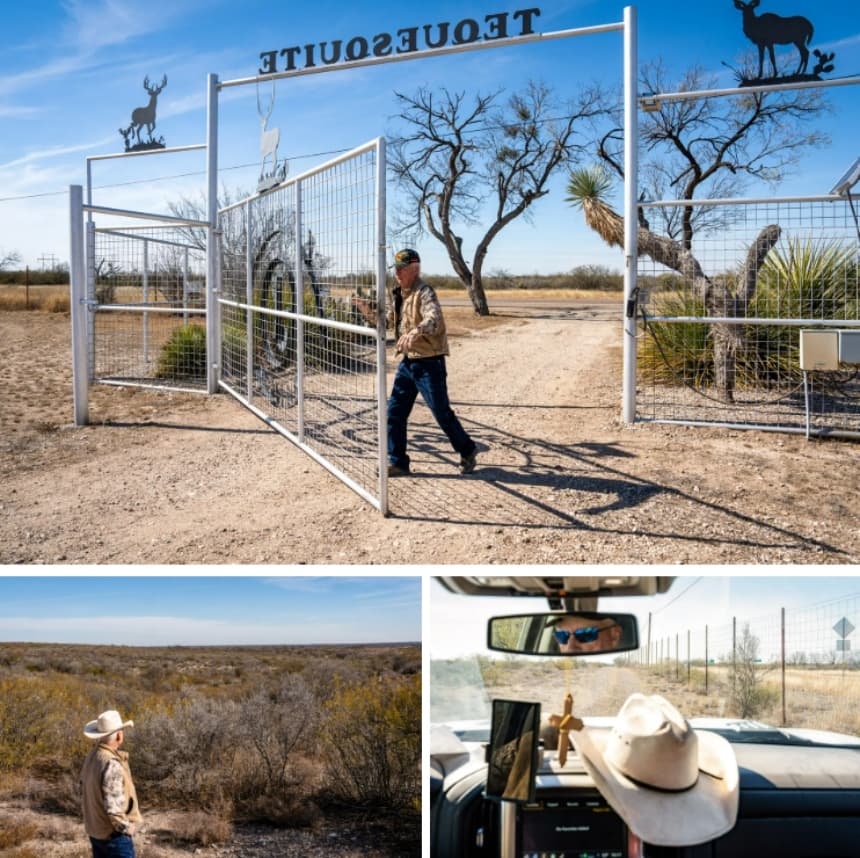 (Arriba) El ganadero Wayne King en el rancho Tequesquite, en el condado de Kinney, Texas, el 29 de enero de 2026. (Abajo a la izquierda) El ganadero Wayne King en el rancho Tequesquite, en el condado de Kinney, Texas, el 29 de enero de 2026. (Abajo a la derecha) El ganadero Wayne King conduce junto a la valla del rancho Tequesquite, en el condado de Kinney, Texas, el 29 de enero de 2026. (Samira Bouaou/The Epoch Times)