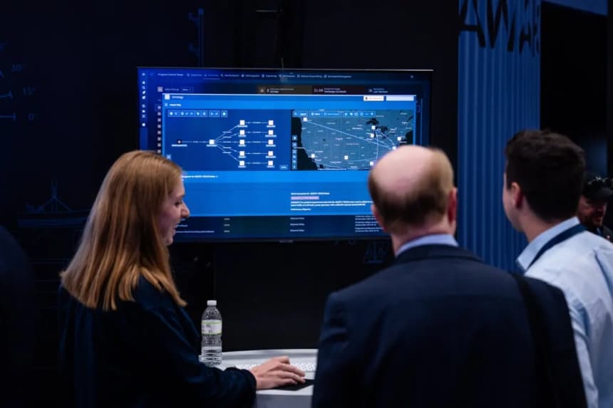 La empresa de software Palantir Technologies en un stand durante el Proyecto Especial de Estudios Competitivos AI+Expo en Washington, el 2 de junio de 2025. (Madalina Vasiliu/The Epoch Times)