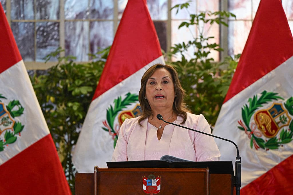 <em>La presidenta peruana, Dina Boluarte, pronuncia un discurso durante la ceremonia de promulgación de una ley de amnistía para militares y policías procesados ​​por violaciones de derechos humanos en el Palacio de Gobierno de Lima el 13 de agosto de 2025. (Foto de Ernesto BENAVIDES/AFP vía Getty Images)</em>