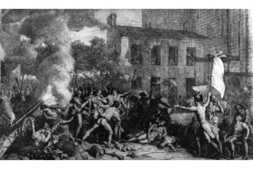 Las tropas francesas asaltan la Bastilla durante la Revolución Francesa. La prisión representaba la odiada monarquía borbónica y ahora se celebra el Día de la Bastilla como el comienzo de la revolución. (Rischgitz/Getty Images)