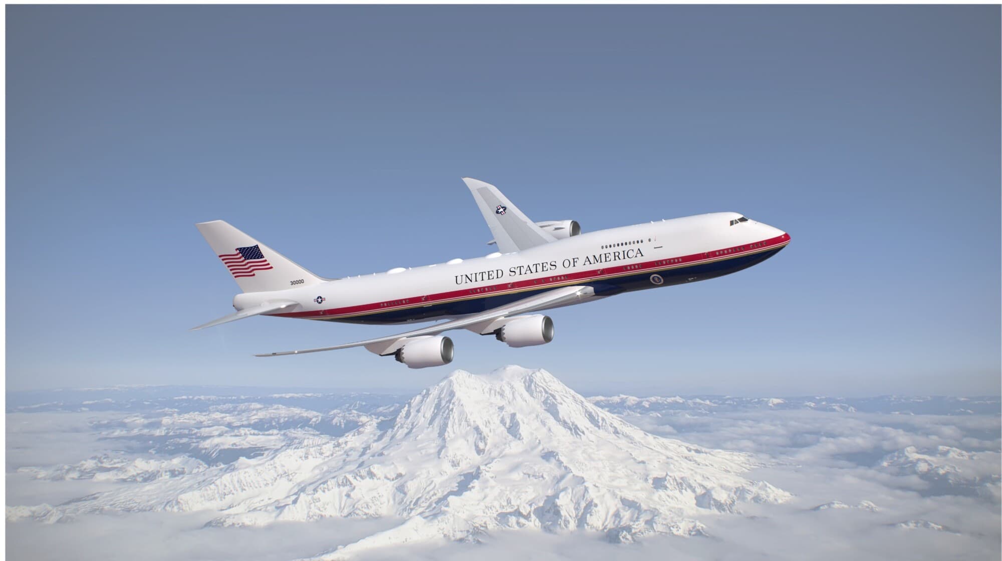 Esta representación artística muestra el VC-25B con su nueva librea. La Fuerza Aérea de los Estados Unidos está implementando este esquema de pintura en rojo, blanco, dorado y azul oscuro para el VC-25B, el 747-8i y la flota de transporte aéreo ejecutivo, que incluye cuatro aviones C-32. (Cortesía de la Fuerza Aérea de Estados Unidos).