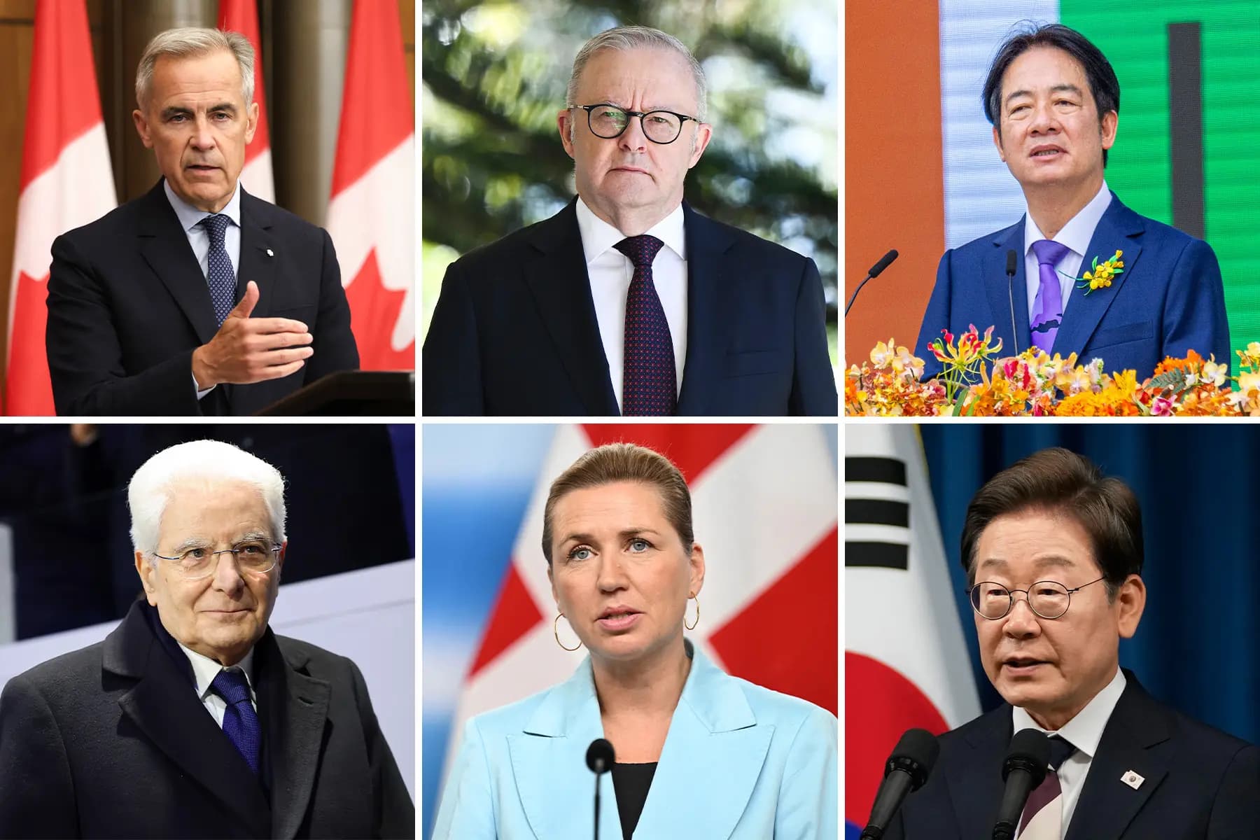 <em>(Arriba, de izq. a der.) El primer ministro canadiense, Mark Carney; el primer ministro australiano, Anthony Albanese; el presidente taiwanés, Lai Ching-te. (Abajo, de izq. a der.) El presidente italiano, Sergio Mattarella; la primera ministra danesa, Mette Frederiksen; el presidente surcoreano, Lee Jae-myung. (Recopilación de La Gran Época, Getty Images).</em>