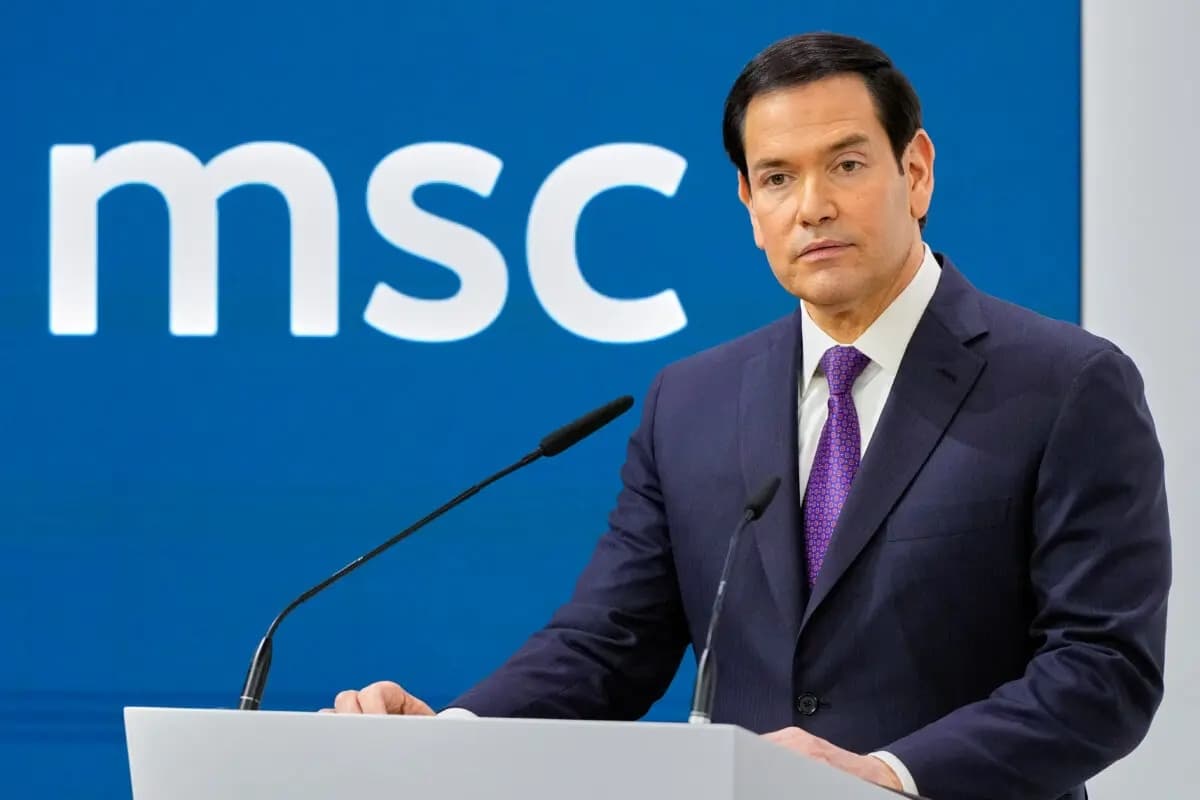 El secretario de Estado de Estados Unidos, Marco Rubio, habla en la 62.ª Conferencia de Seguridad de Múnich, en Múnich, Alemania, el 14 de febrero de 2026. (Alex Brandon/Pool/AFP vía Getty Images)