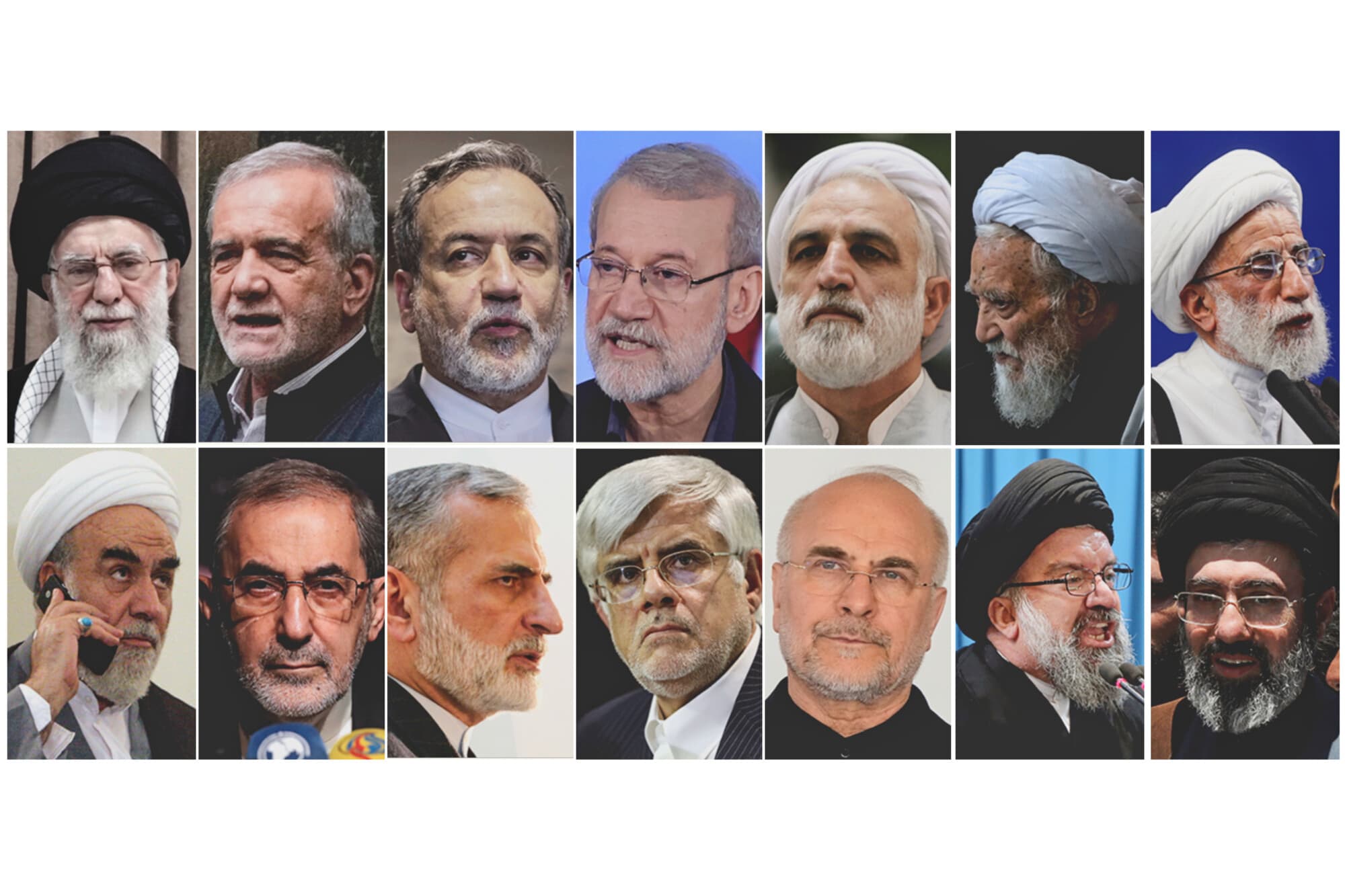 Esta combinación de fotos de archivo muestra a las principales figuras políticas y religiosas de Irán, en la fila superior, de izquierda a derecha, el líder supremo ayatolá Alí Jamenei (ya fallecido), el presidente Masoud Pezeshkian, el ministro de Asuntos Exteriores Abbas Araghchi, el secretario del Consejo Supremo de Seguridad Nacional de Irán Ali Larijani, el presidente del Tribunal Supremo Gholam Hossein Mohseni Eje'i, el jefe de la Asamblea de Expertos Mohammad-Ali Movahedi Kermani y el secretario del Consejo de Guardianes Ahmad Jannati. En la fila inferior, de izquierda a derecha, el jefe de gabinete de Jamenei, Mohammad Golpayegani; el asesor de Jamenei para Asuntos Internacionales, Ali Akbar Velayati; el asesor de Jamenei para Política Exterior, Kamal Kharazi; el vicepresidente primero, Mohammad Reza Aref; el presidente del Parlamento, Mohammad Bagher Ghalibaf; el imán de la oración del viernes en Teherán, Ahmad Khatami, y el hijo de Jamenei, Mojtaba Jamenei. (AP Photo/Archivo)