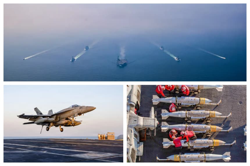 (Arriba) Portaaviones de la clase Nimitz USS Abraham Lincoln (CVN 72), destructores lanzamisiles guiados de la clase Arleigh Burke USS Michael Murphy (DDG 112), USS Frank E. Petersen Jr. (DDG 121), buque de reabastecimiento de la clase Henry J. Kaiser USNS Henry J. Kaiser (T-AO-187), el buque de carga seca de clase Lewis and Clark USNS Carl Brashear (T-AKE 7) y los buques de respuesta rápida de clase Sentinel de la Guardia Costera de los Estados Unidos USCG Robert Goldman (WPC-1142) y USCGC Clarence Sutphin Jr. (WPC-1147) navegan en formación en el mar Arábigo, el 6 de febrero de 2026. (Abajo a la izquierda) Un F/A-18E Super Hornet, adscrito al Escuadrón de Cazas de Ataque (VFA) 14, se prepara para aterrizar en la cubierta de vuelo del portaaviones USS Abraham Lincoln (CVN 72) durante la Operación Epic Fury at Sea el 1 de marzo de 2026. (Abajo a la derecha) Marineros estadounidenses se preparan para colocar municiones en la cubierta de vuelo del USS Abraham Lincoln el 28 de febrero de 2026. (Especialista en comunicación de masas de primera clase Jesse Monford/Marina de Estados Unidos a través de Getty Images, Marina de Estados Unidos a través de Getty Images)