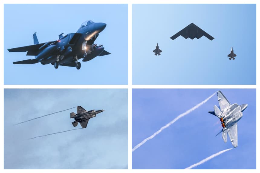 (Arriba a la izquierda) Un caza F-15 estadounidense se prepara para aterrizar en Mildenhall, Inglaterra, el 7 de enero de 2026. (Arriba a la derecha) Bombarderos B-2 Spirit sobrevuelan la Casa Blanca el 4 de julio de 2025. (Abajo a la izquierda) Un avión de combate F-35 estadounidense despega en Mildenhall, Inglaterra, el 7 de enero de 2026. (Abajo a la derecha) Un F22-Raptor de la Fuerza Aérea de los Estados Unidos despega en Ceiba, Puerto Rico, el 4 de enero de 2026. (Dan Kitwood/Getty Images, Eric Lee/Getty Images, Miguel J. Rodriguez Carrillo / AFP vía Getty Images)