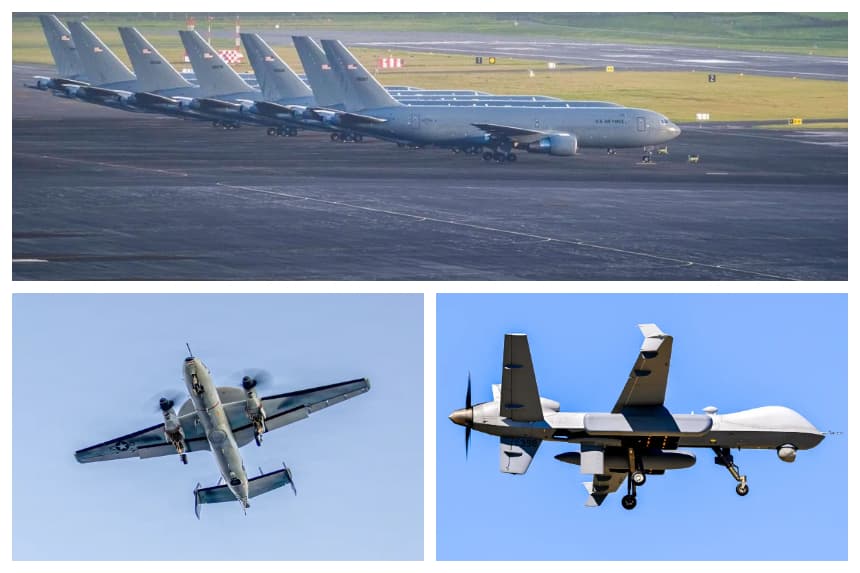 (Arriba) Una fila de algunos de los 15 aviones cisterna KC-46 Pegasus de la Fuerza Aérea de los Estados Unidos y uno de los aviones cisterna P-8 Poseidon de la Armada de los Estados Unidos estacionados en la base aérea de Lajes, en el archipiélago de las Azores, en el océano Atlántico, el 23 de febrero de 2026. (Abajo a la izquierda) Un E-2D Hawkeye, adscrito al Escuadrón 117 de Mando y Control Aéreo, vuela durante la Operación Epic Fury at Sea el 28 de febrero de 2026. (Abajo a la derecha) Un dron MQ-9 Reaper de la Fuerza Aérea de los Estados Unidos se prepara para aterrizar en el aeropuerto Rafael Hernández de Aguadilla, Puerto Rico, el 29 de diciembre de 2025. (Antonio Araujo / AFP vía Getty Images, Armada de los Estados Unidos vía Getty Images, Miguel J. Rodríguez Carrillo / AFP vía Getty Images)