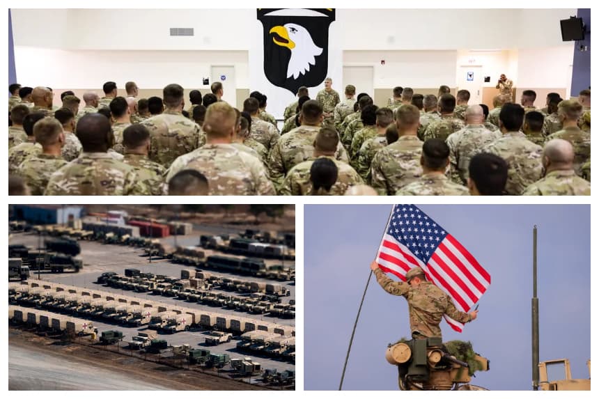 (Arriba) El coronel del Ejército de los Estados Unidos Scott D. Wilkinson transmite un mensaje a los miembros del 2.º Equipo de Combate de la 101.ª División Aerotransportada antes de su partida hacia Europa en Fort Campbell, Kentucky, el 6 de julio de 2022. (Abajo a la izquierda) Vehículos militares vistos desde el Air Force One en Fort Bragg, Carolina del Norte, el 13 de febrero de 2026. (Abajo a la derecha) Un miembro de la 4.ª División de Infantería del Ejército de los Estados Unidos iza una bandera estadounidense en su tanque mientras participa en las maniobras militares Iron Wolf de la OTAN en Pabrade, Lituania, el 26 de octubre de 2022. (Brett Carlsen/Getty Images, Nathan Howard/Getty Images, Sean Gallup/Getty Images)