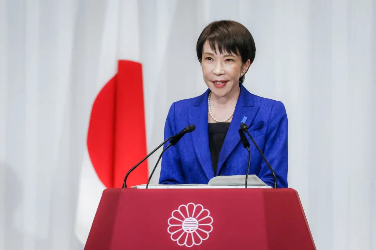 La primera ministra japonesa, Sanae Takaichi, líder del Partido Liberal Democrático (PLD) en el poder, habla durante una rueda de prensa en la sede del PLD en Tokio el 9 de febrero de 2026. (Franck Robichon/AFP vía Getty Images)