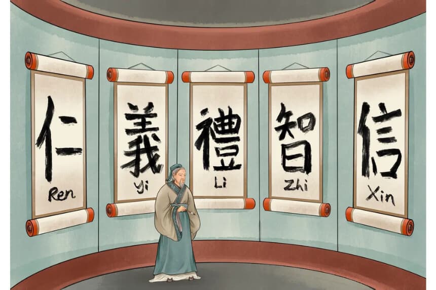 Las enseñanzas de Confucio sobre ren, yi, li, zhi y xin. ( Linda Zhao/The Epoch Times)