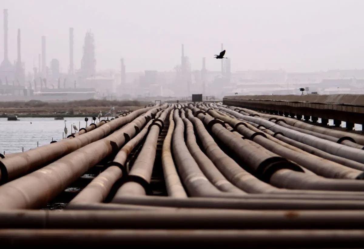Oleoductos en un día caluroso y húmedo cerca de una refinería en Sitra, Bahrein, en el Golfo Pérsico, el 19 de agosto de 2009. (Hasan Jamali/AP Photo)