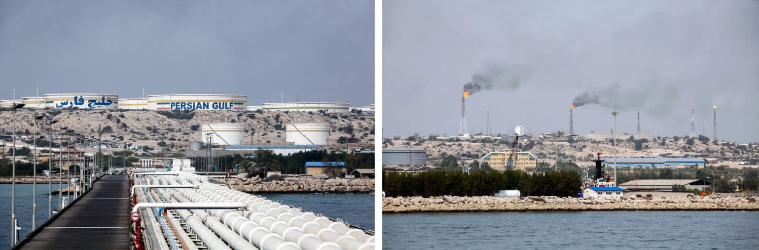 (Izquierda-Derecha) Vista general de la terminal petrolera del puerto de la isla de Kharg, cerca de la costa iraní en el Golfo Pérsico, el 12 de marzo de 2017. La mayor parte de las exportaciones de petróleo de Irán pasan por la isla y se envían principalmente a Asia, siendo China el principal destino. (Atta Kenare/AFP vía Getty Images)