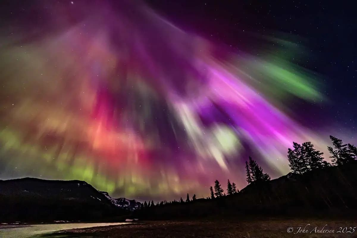 <em>Auroras rosadas sobre el oeste de Alberta. (Cortesía de John Andersen).</em>