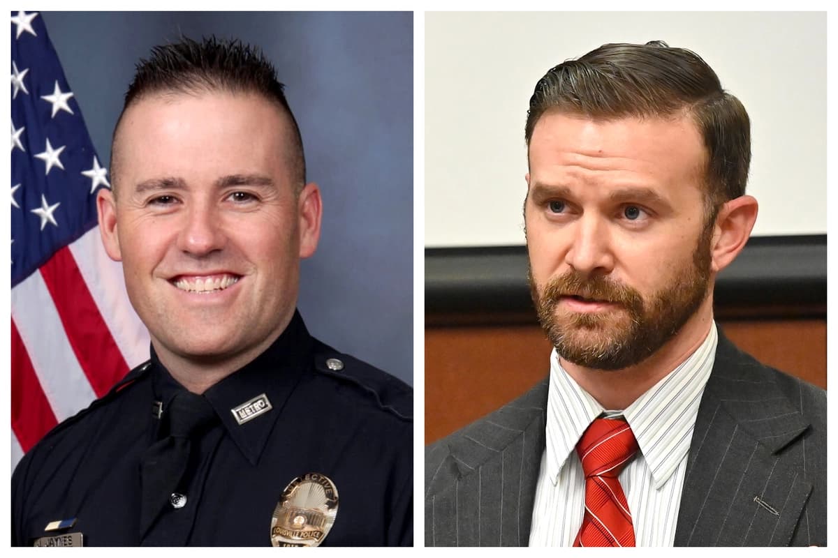 (Izquierda) El detective Joshua Jaynes de la policía de Louisville. (Derecha) El sargento Kyle Meany del Departamento de Policía Metropolitana de Louisville testifica en Louisville, Kentucky, el 23 de febrero de 2022. (Policía de Louisville vía AP; Timothy D. Easley/Pool vía AP Photo)