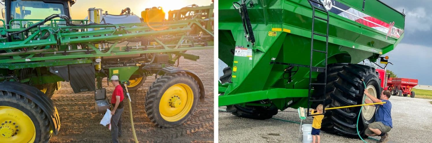 (Arriba) (De izquierda a derecha) Brittney y Tyler Everett; la Secretaria de Agricultura Brooke Rollins; Carolyn, Nanette y Doug Everett posan frente a una cosechadora en Everett Farms en Lebanon, Indiana, en octubre de 2025. (Abajo a la izquierda) Doug Everett maneja una pulverizadora en Everett Farms en Lebanon, Indiana, el 11 de mayo de 2025. (Abajo a la derecha) El agricultor Tyler Everett y su hija limpian un remolque de grano en Everett Farms en Lebanon, Indiana, el 1 de septiembre de 2023. (Cortesía de Tyler Everett).