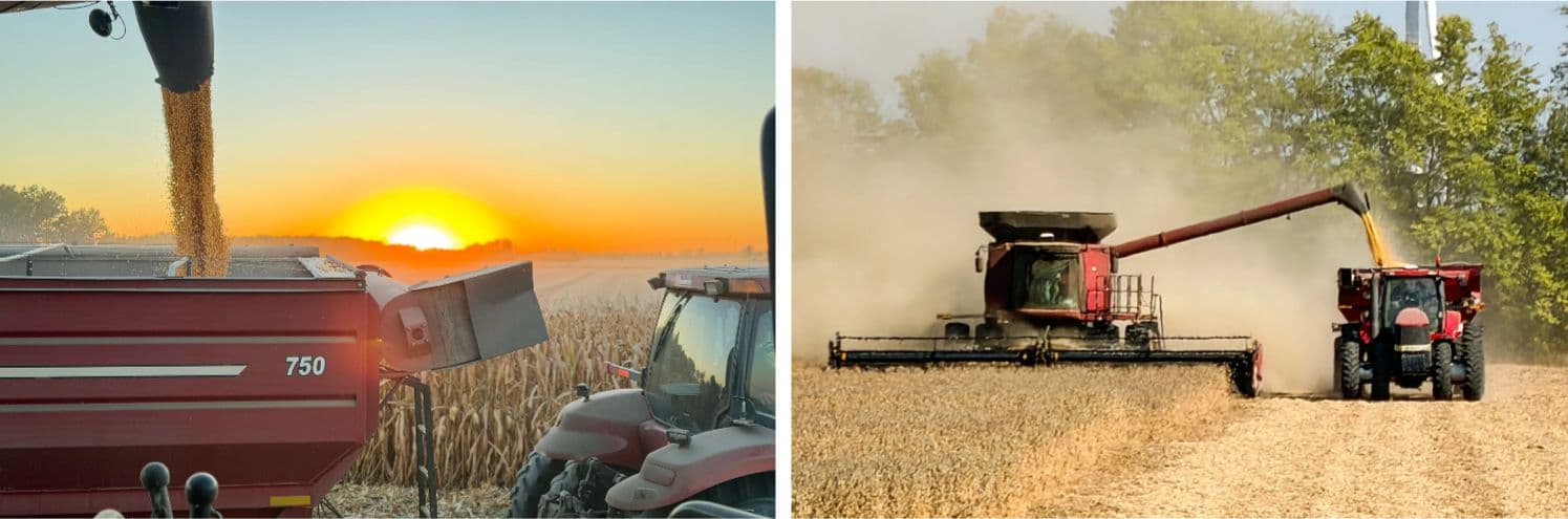 (Izquierda) Los agricultores trabajan con un carro de granos en Double Ridge Farms en Hartford City, Indiana, el 16 de octubre de 2025. (Derecha) Los agricultores trabajan con una cosechadora en Double Ridge Farms en Hartford City, Indiana, el 3 de octubre de 2025. (Cortesía de CJ Chalfant)