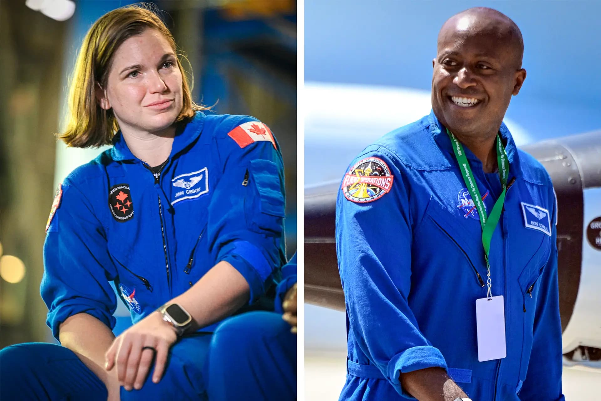 (Izquierda) Jenni Gibbons, astronauta de la Agencia Espacial Canadiense y miembro de la tripulación de reserva de la misión Artemis II de la NASA, asiste a un evento de Artemis Media en el Centro Espacial Kennedy, en el condado de Brevard, Florida, el 16 de diciembre de 2024. (Derecha) El astronauta de la NASA y miembro de la tripulación de reserva de la misión Artemis II, Andre Douglas, llega a una ceremonia de bienvenida previa al lanzamiento de la misión Artemis II, previsto para el 1 de abril, en el Centro Espacial Kennedy, en el condado de Brevard, Florida, el 27 de marzo de 2026. (Miguel J. Rodríguez Carrillo/AFP vía Getty Images).
