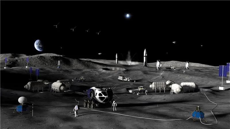 Una representación artística muestra la Fase 3 de la base lunar de la NASA, prevista cerca del polo sur lunar y diseñada para sustentar una presencia humana continua mediante energía nuclear. Se prevé que la base sirva de punto de partida para misiones a Marte y al sistema solar exterior. (Cortesía de la NASA).