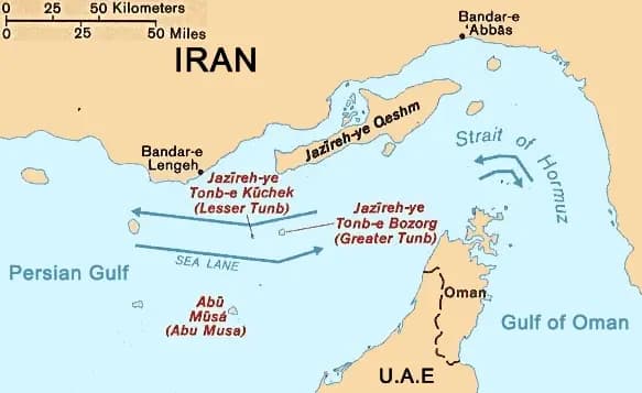 Un mapa del estrecho de Ormuz, entre Irán y los Emiratos Árabes Unidos. Dominio público