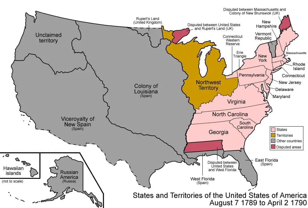 Mapa de los estados y territorios de los Estados Unidos tal y como estaban el 7 de agosto de 1789, cuando se constituyó por primera vez el Territorio del Noroeste. Golbez/CC BY 2.5