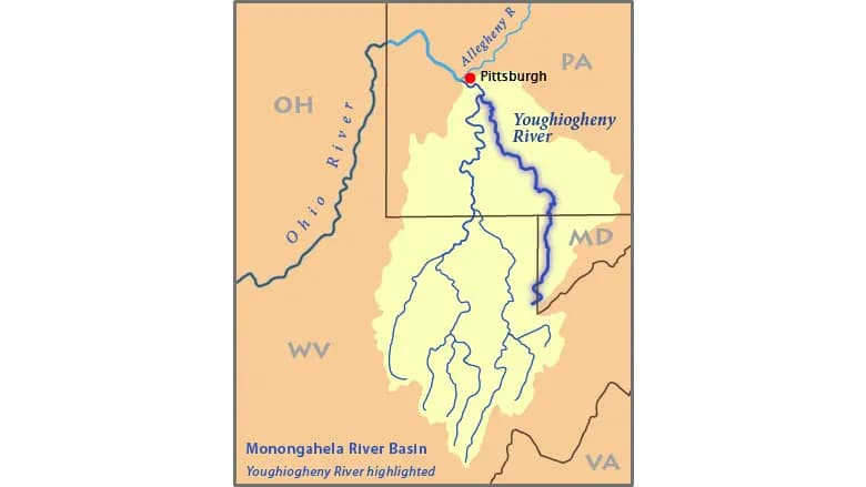El río Youghiogheny, en Pittsburgh, donde se construyeron las embarcaciones para la expedición hacia el oeste de la Compañía de Ohio. DanMS/CC BY-SA 2.5