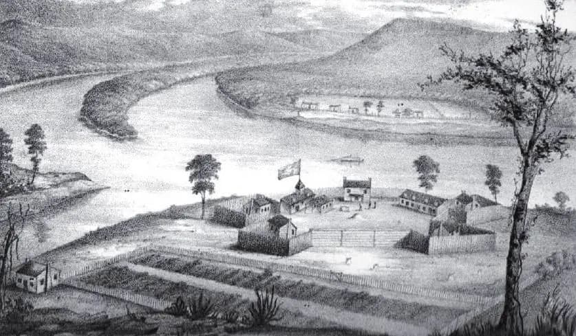 El Fuerte Harmar, construido en el otoño de 1785 en la confluencia de los ríos Ohio y Muskingum, en el lado oeste de la desembocadura del río Muskingum. Dominio público