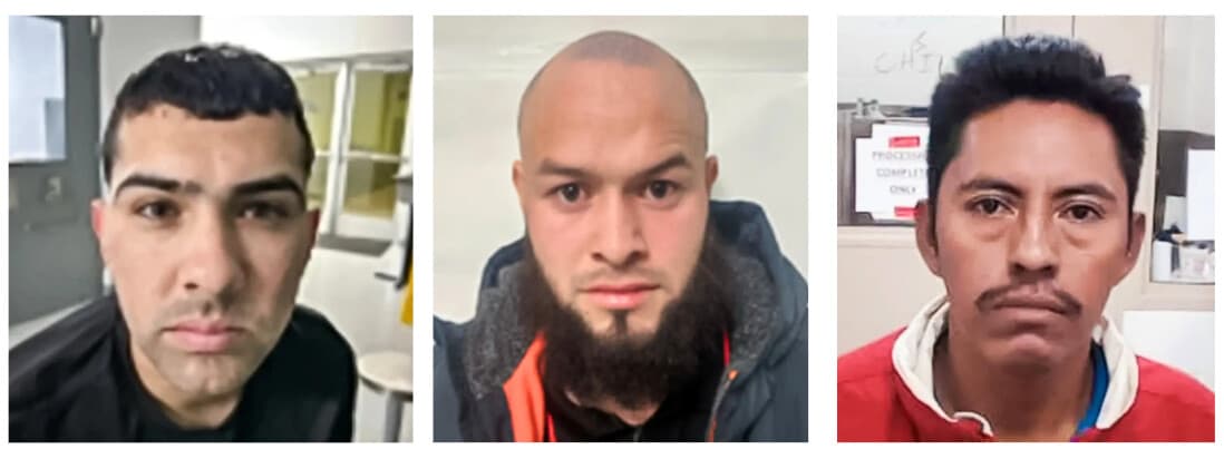 (Izquierda) Agentes del ICE detuvieron al ciudadano venezolano y presunto miembro de una banda Alberth José Simancas-García en Dallas el 7 de enero de 2026. (Centro) Agentes del ICE en Baltimore detuvieron al ciudadano hondureño Rafael Aguilar el 13 de enero de 2026. (Derecha) El ICE detuvo al ciudadano guatemalteco Oscar Vásquez López en Savannah, Georgia, el 16 de febrero de 2026. (Departamento de Seguridad Nacional).