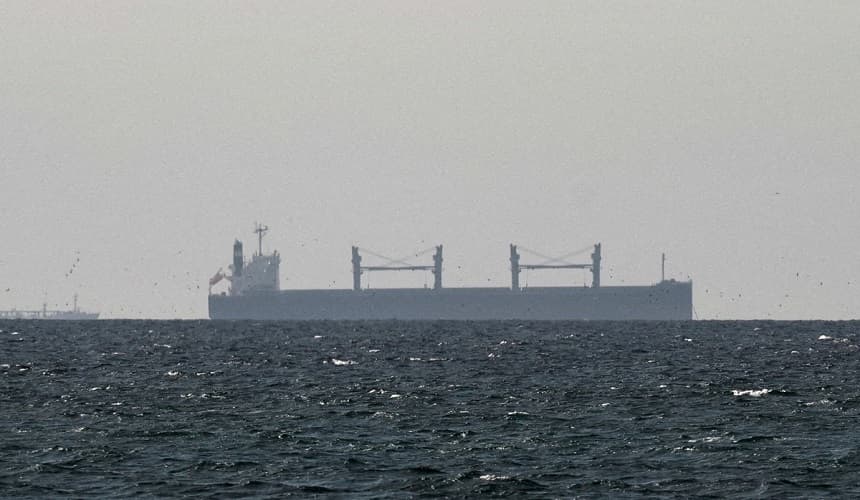 Un buque de carga se encuentra fondeado en el golfo de Omán, cerca del estrecho de Ormuz, visto desde el norte de Ras al-Khaimah, cerca de la frontera con la provincia de Musandam (Omán), en los Emiratos Árabes Unidos, el 11 de marzo de 2026. (Stringer/Reuters)
