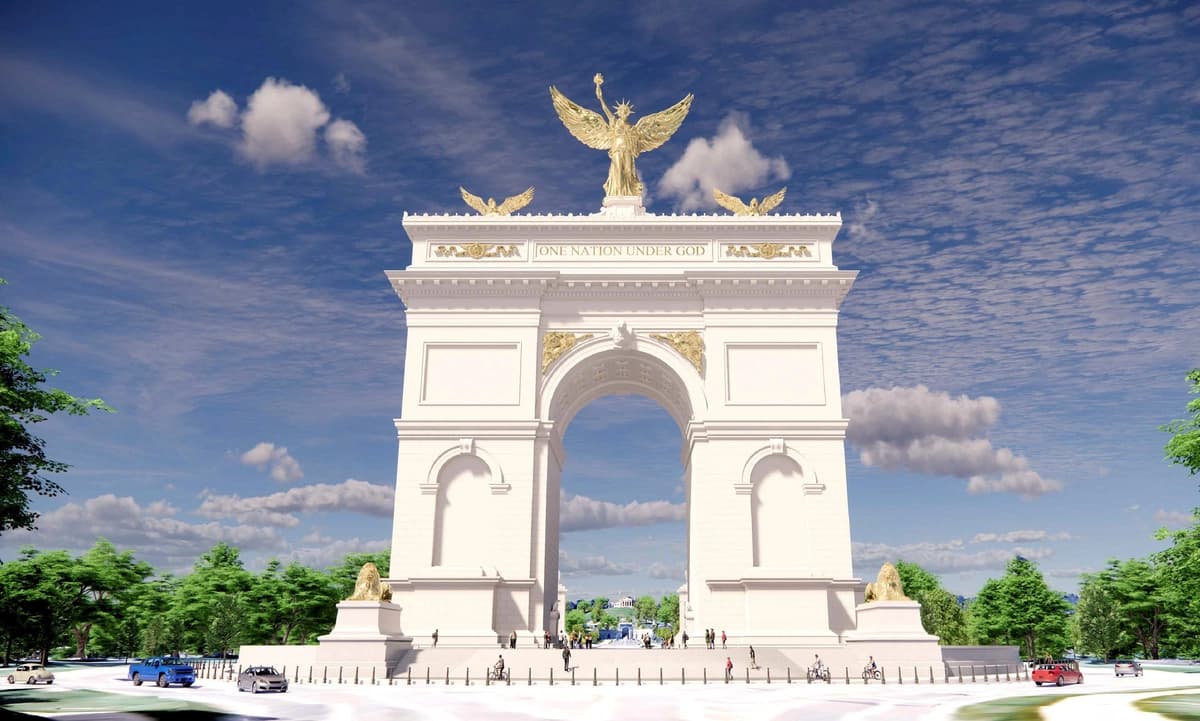 Representación artística del "Arco de la Independencia" propuesto por el presidente Donald Trump, según un documento distribuido el 10 de abril de 2026. (Comisión de Bellas Artes de EE. UU./Documento distribuido a través de Reuters).