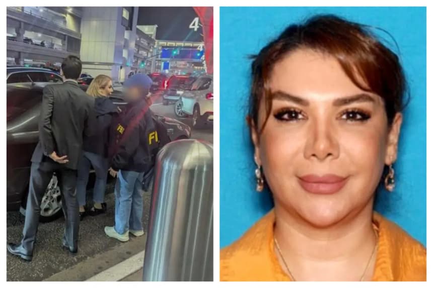 (Izquierda) Shamim Mafi es detenida en el Aeropuerto Internacional de Los Ángeles por presunto tráfico de armas en nombre del régimen iraní, el 18 de abril de 2026. (Derecha) Shamim Mafi. (Fiscalía del Distrito Central de California)