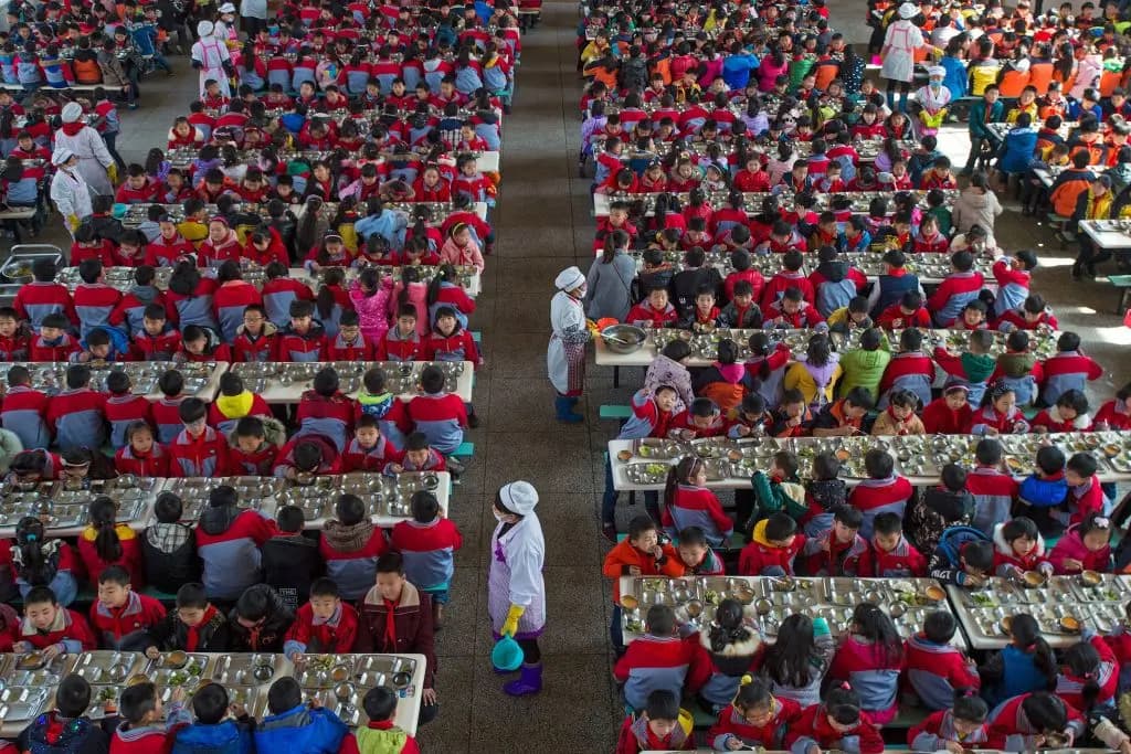 Los niños comen en una escuela primaria en Wuhan, provincia de Hubei, China, el 27 de febrero de 2017. (STR/AFP/Getty Images)