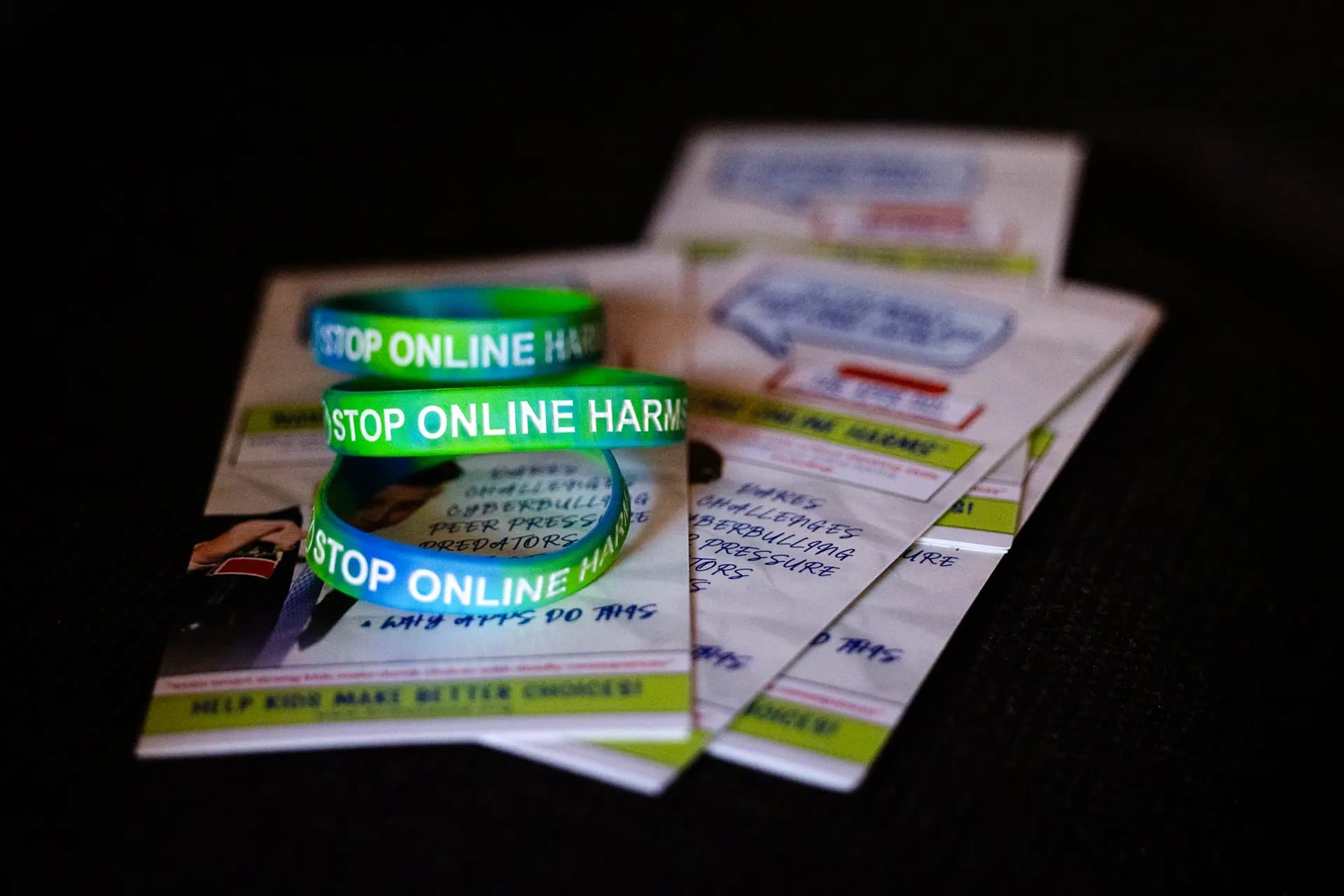 La lectura de pulseras “Stop Online Harm” promueve el mensaje de Erik's Cause, una organización sin fines de lucro que lleva el nombre del hijo de Rogg, Erik, en Los Ángeles el 15 de abril de 2026. (John Fredricks/The Epoch Times)