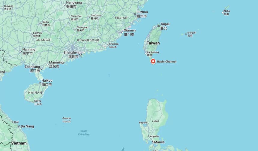 El canal de Bashi en un mapa de Google. (Captura de pantalla, The Epoch Times)