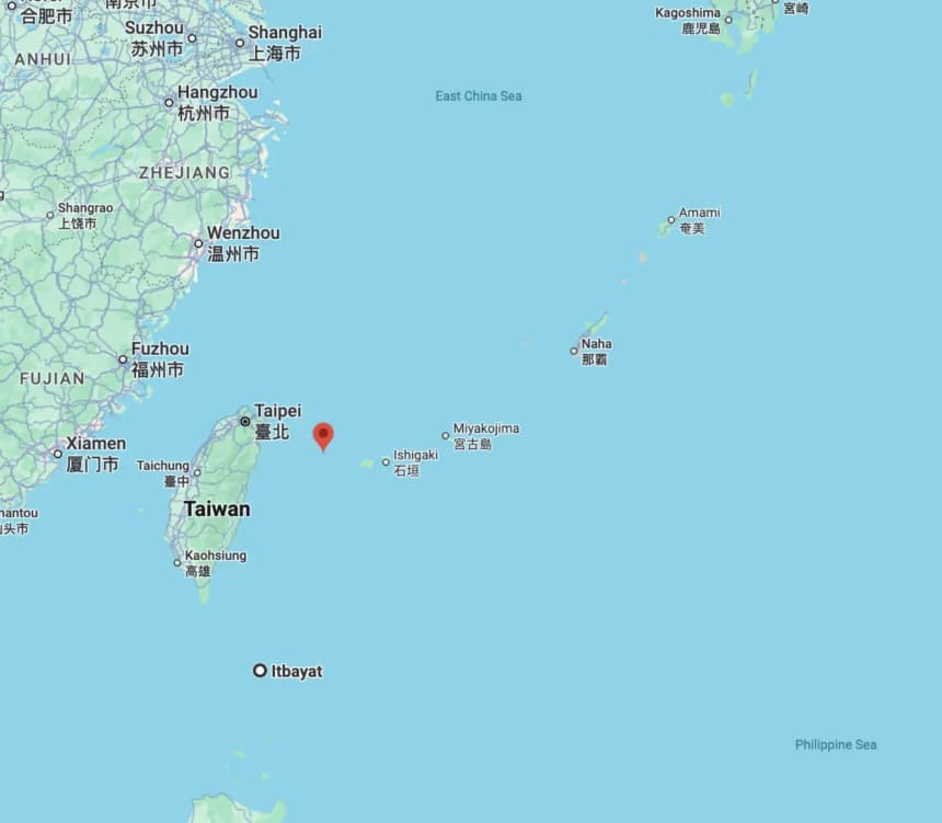 Ubicación de la isla de Yonaguni en un mapa de Google. (Captura de pantalla, The Epoch Times)