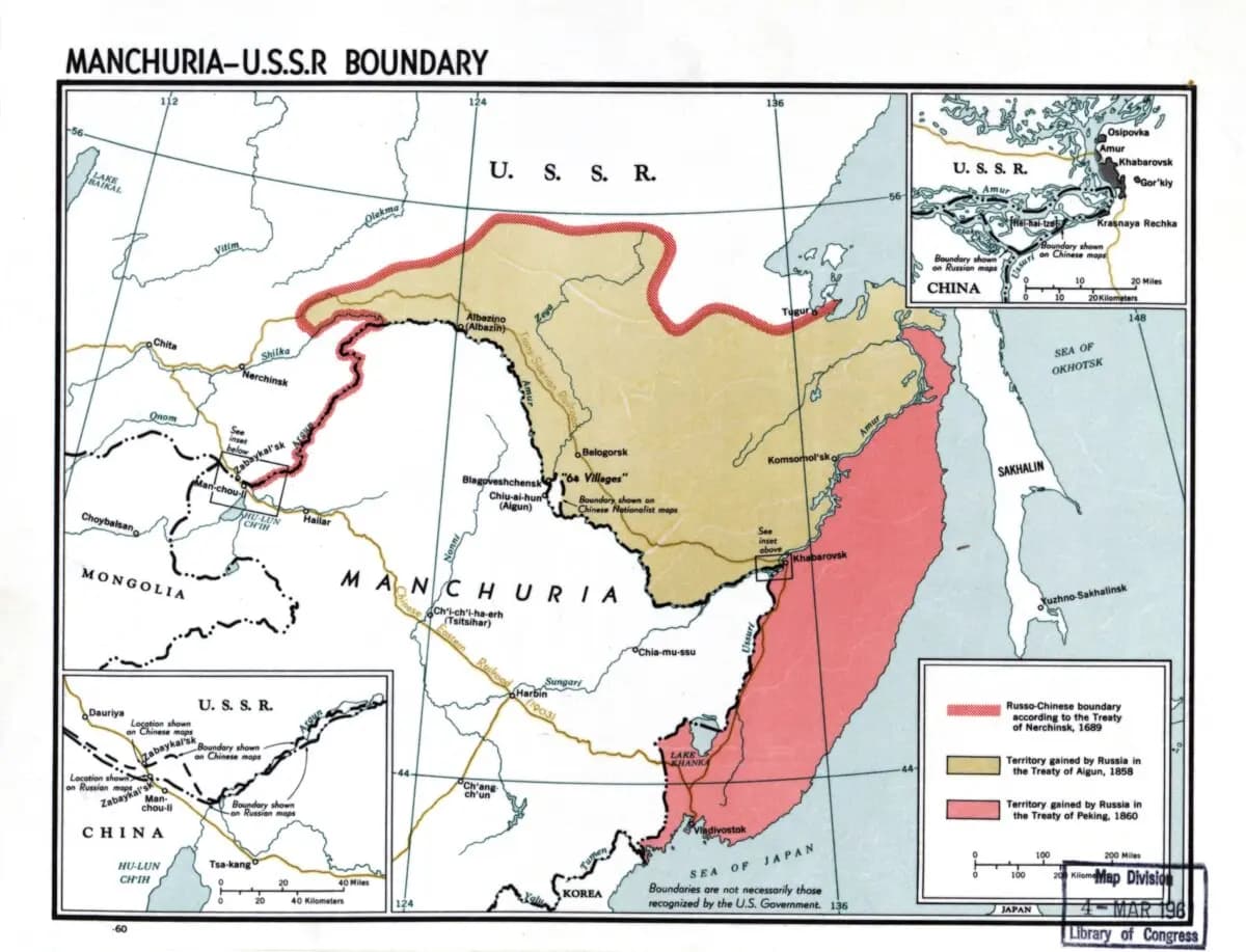 Territorio chino cedido a Rusia en el Tratado de Aigun en 1858 y el Tratado de Pekín en 1860. (División de Geografía y Mapas de la Biblioteca del Congreso/Dominio Público)