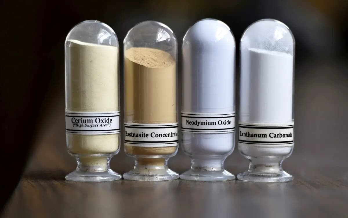 Muestras de minerales de tierras raras, de izquierda a derecha: óxido de cerio, bastnaesita, óxido de neodimio y carbonato de lantano en las instalaciones de Mountain Pass Rare Earth de Molycorp en Mountain Pass, California, el 29 de junio de 2015. (David Becker/Reuters)