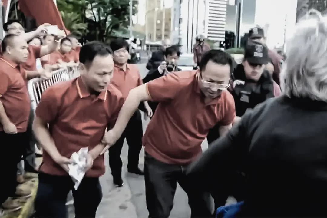 Partidarios del Partido Comunista Chino arrebatan y destruyen folletos pertenecientes a un practicante de Falun Gong, en Buenos Aires, Argentina, el 29 de noviembre de 2018, en un fotograma del vídeo. La policía local detuvo a nueve practicantes de Falun Gong, pero dejó en libertad a los agresores. (Video facilitado a The Epoch Times)