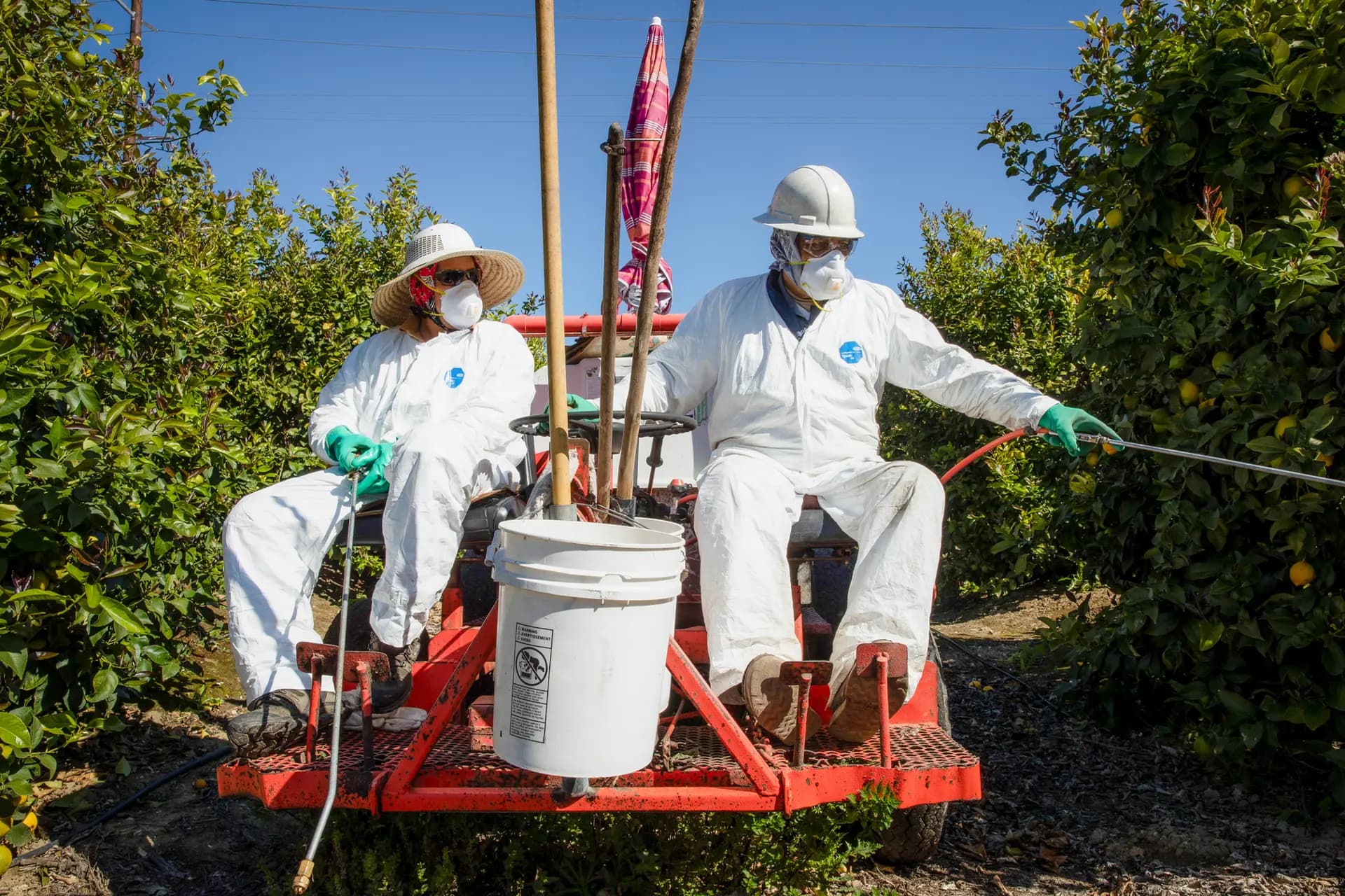 Trabajadores agrícolas fumigan contra insectos y malas hierbas en los huertos de una finca frutícola en Mesa, California, el 27 de marzo de 2020. (Brent Stirton/Getty Images)
