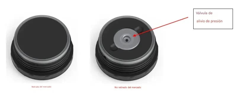 Una fotografía de Thermos muestra la diferencia entre los tapones a los que les falta la válvula de alivio de presión y los tapones que incluyen la válvula. (Termos vía The Epoch Times)