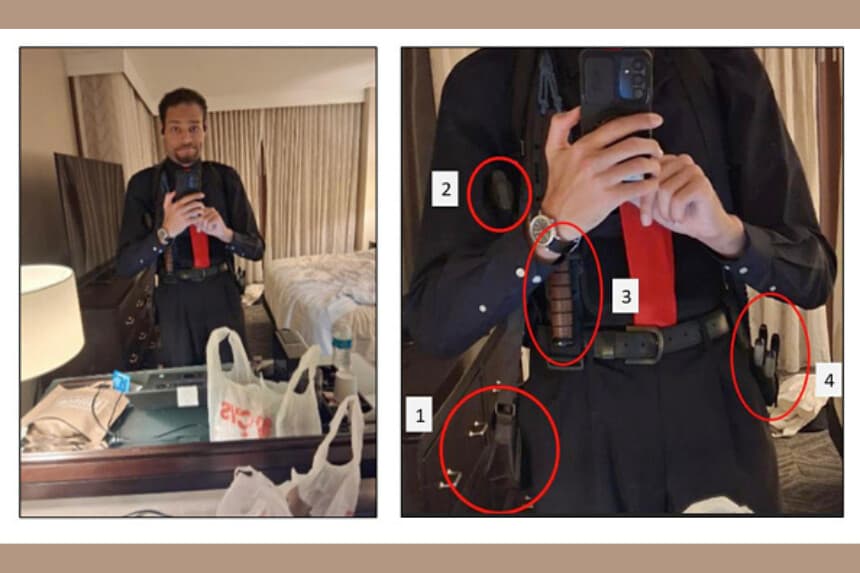 Imagen difundida por el Departamento de Justicia de EE. UU. muestra a Cole Tomas Allen, sospechoso del tiroteo en la cena anual de la Asociación de Corresponsales de la Casa Blanca, en su habitación del hotel Washington Hilton en Washington D. C., el 25 de abril de 2026. La composición se publicó el 29 de abril de 2026. (DOJ/Getty Images).