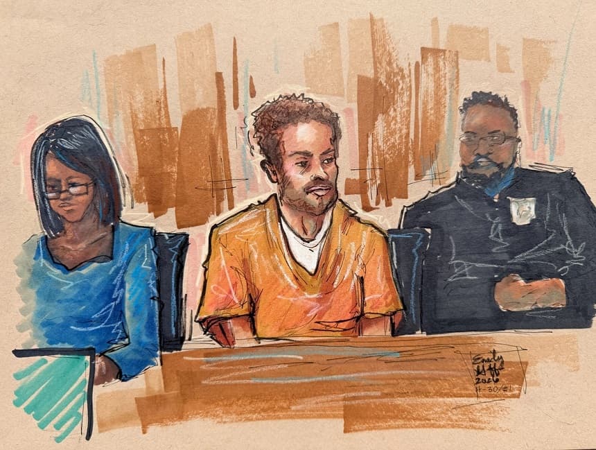 Cole Tomas Allen, sospechoso del tiroteo ocurrido durante la cena de la Asociación de Corresponsales de la Casa Blanca (WHCA), se sienta en la sala del tribunal durante una vista tras ser acusado de intentar asesinar al presidente de EE. UU., Donald Trump, en Washington, el 30 de abril de 2026, en este boceto de la sala de la corte. (Emily Goff/Foto de archivo /Reuters)
