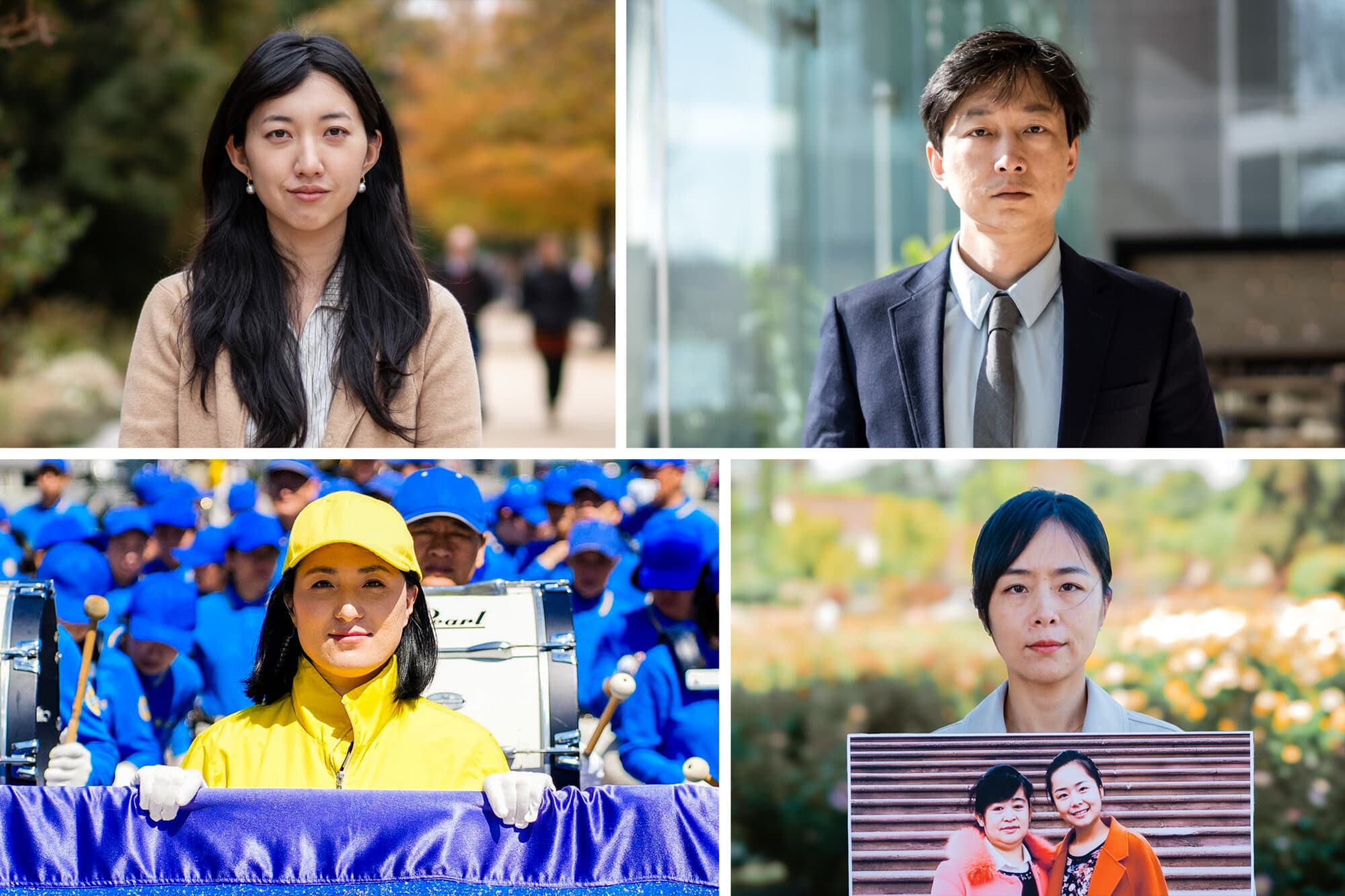 (Desde la parte superior izquierda) Grace Jin Drexel, Gao Pu, Liu Zhitong y Doria Liu. Sus padres han sido encarcelados por sus creencias religiosas. (Madalina Kilroy y Jonny Liu/The Epoch Times, cortesía de Doria Liu)